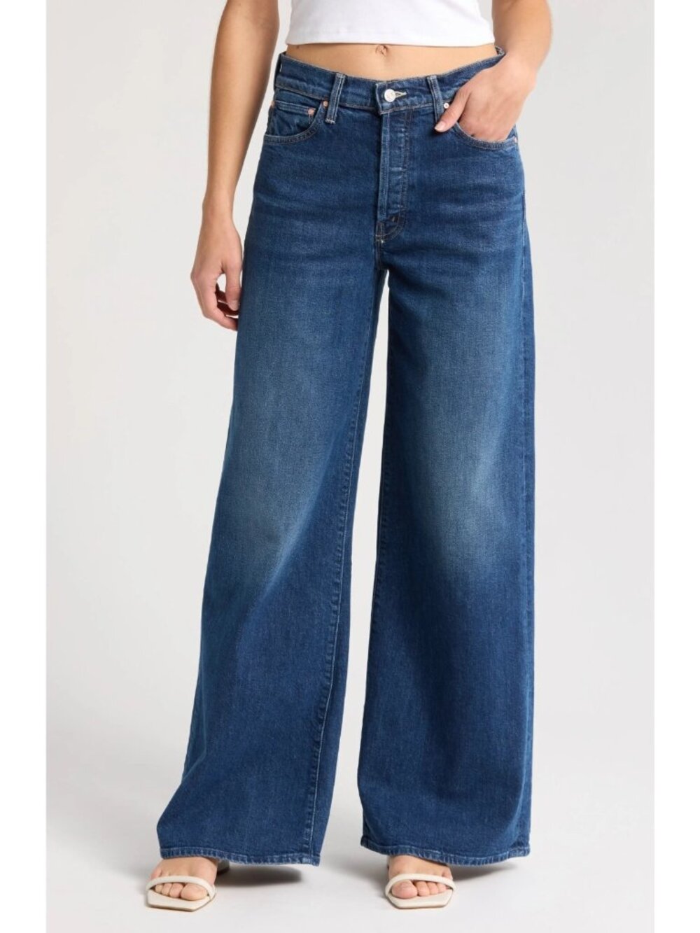 MOTHER Women's The Ditcher Roller Sneak Wide Leg Jeans Cannonball Blue Size 32